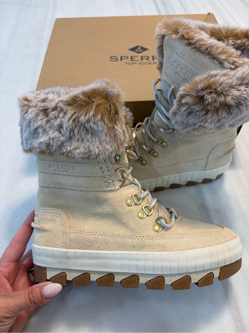 Sperry Women's Light Beige Suede Faux-Fur Lace-Up Winter Boots